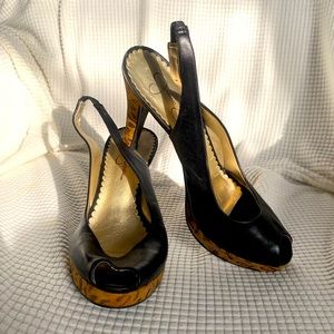 Jessica Simpson Size 7 1/2 Black Peep Toe Pump with Animal Print Heel